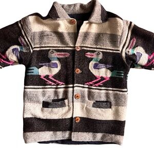 Nuca Huasi Women’s XL Wool Jacket – Handknit in Ecuador – Bird Motif